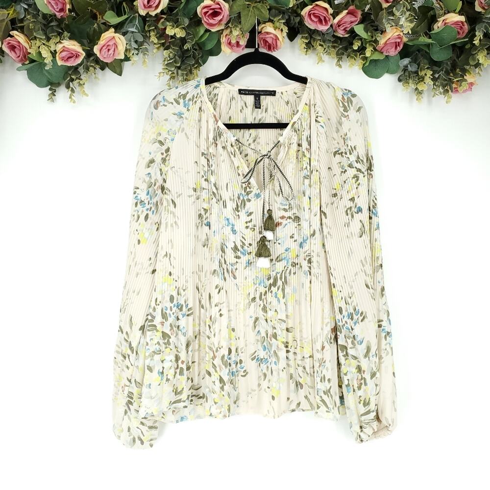 White House Black Market Pleated Tie-Neck Floral Blouse Small
